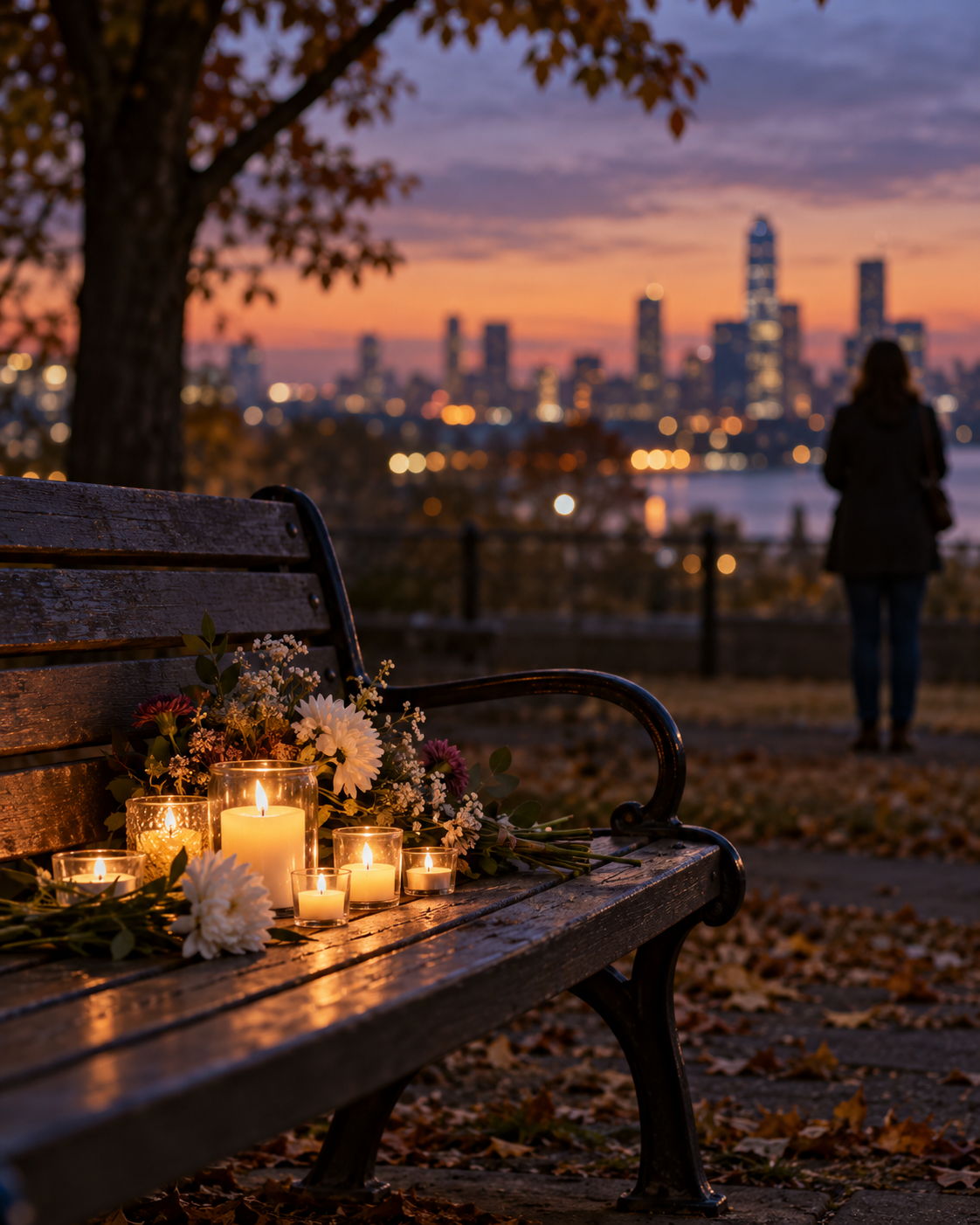 AI-generated symbolic community remembrance scene, not a documented event.