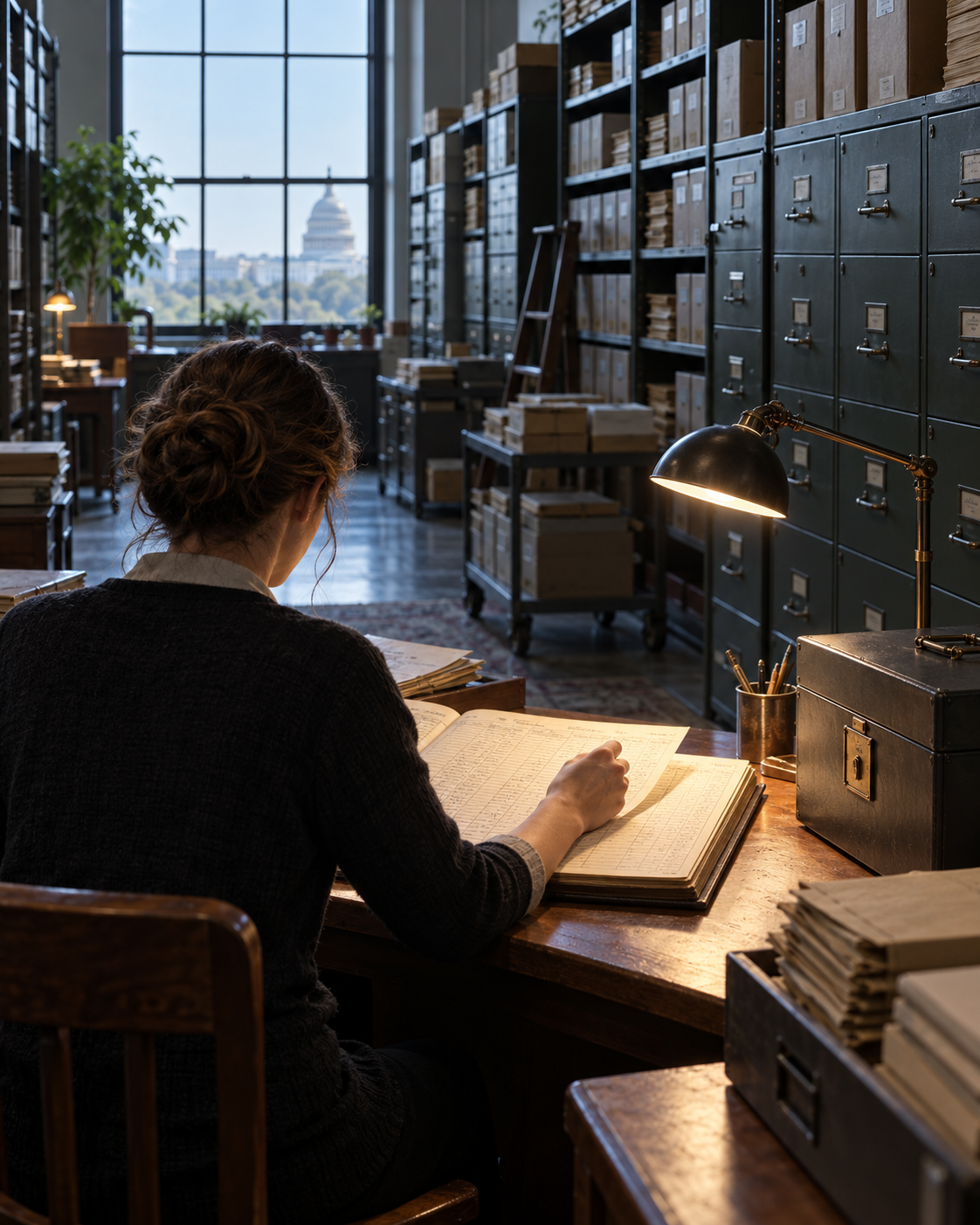Титульна AI-згенерована ілюстрація / AI-generated cover illustration. A researcher studies inventory records in an archival storage room, symbolizing a modeled national firearm stock.