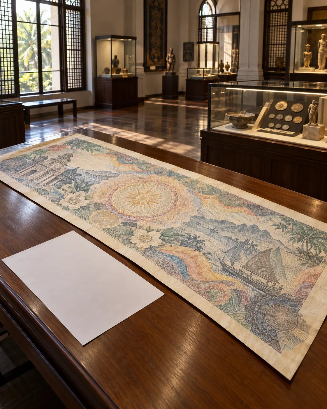 A monumental, fictionalized Philippine commemorative banknote displayed beside a standard sheet in a museum. It is symbolic, not a reproduction of an authentic note.