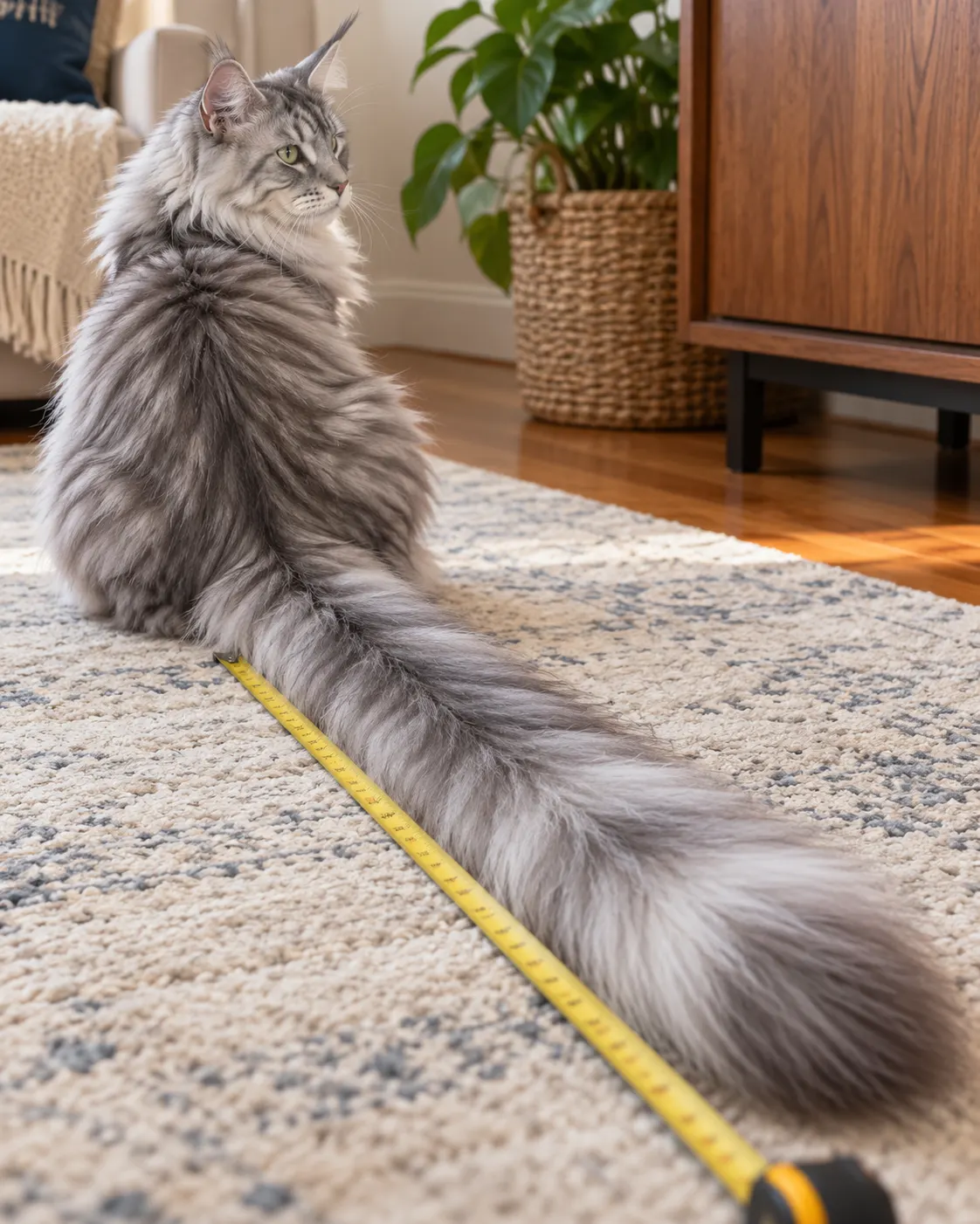 AI-generated generic Maine Coon seated beside its fluffy tail and a measuring tape; the markings are not legible and this is not an official measurement. Prompt: “Photorealistic vertical 4:5 educational editorial view of a fluffy silver Maine Coon's long tail gently laid along a plain measuring tape on a rug, with tape markings out of focus and unreadable. Calm domestic setting, no restraint or discomfort, generic cat not Cygnus, not an official record measurement. No text, numerals, or logos.” Generated 20 October 2026.