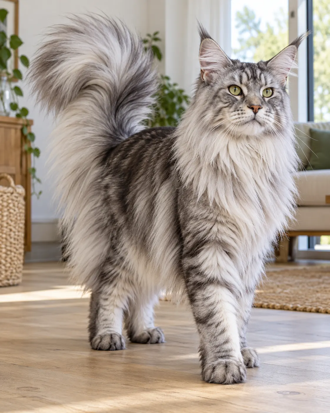 AI-generated cover of a generic silver Maine Coon with a prominent plume tail; not Cygnus or a record photograph. Prompt: “Photorealistic vertical 4:5 editorial cover of a majestic silver Maine Coon cat standing in a bright home, its exceptionally long fluffy tail clearly visible curling behind it. Natural anatomy, calm expression, high-quality documentary style. Generic Maine Coon, not Cygnus and not an actual record-holder photograph. No ruler, text, collar tag, logos or branding.” Generated 20 October 2026.