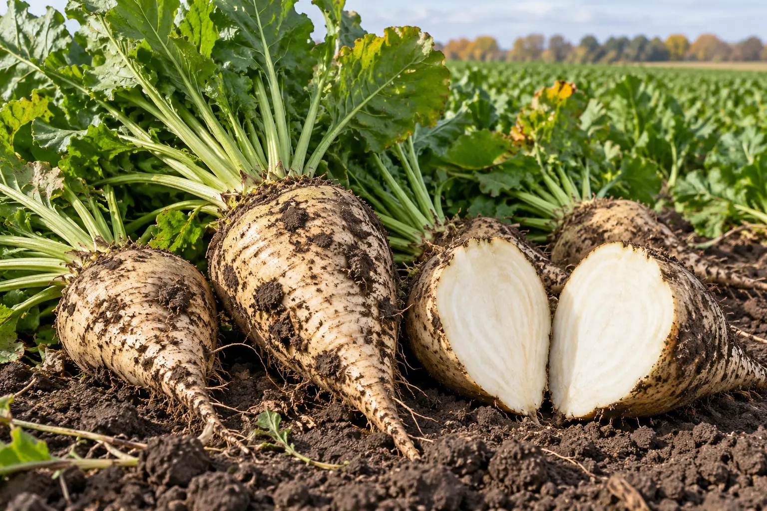 AI-generated field image of harvested sugar beet roots, including a cut root.