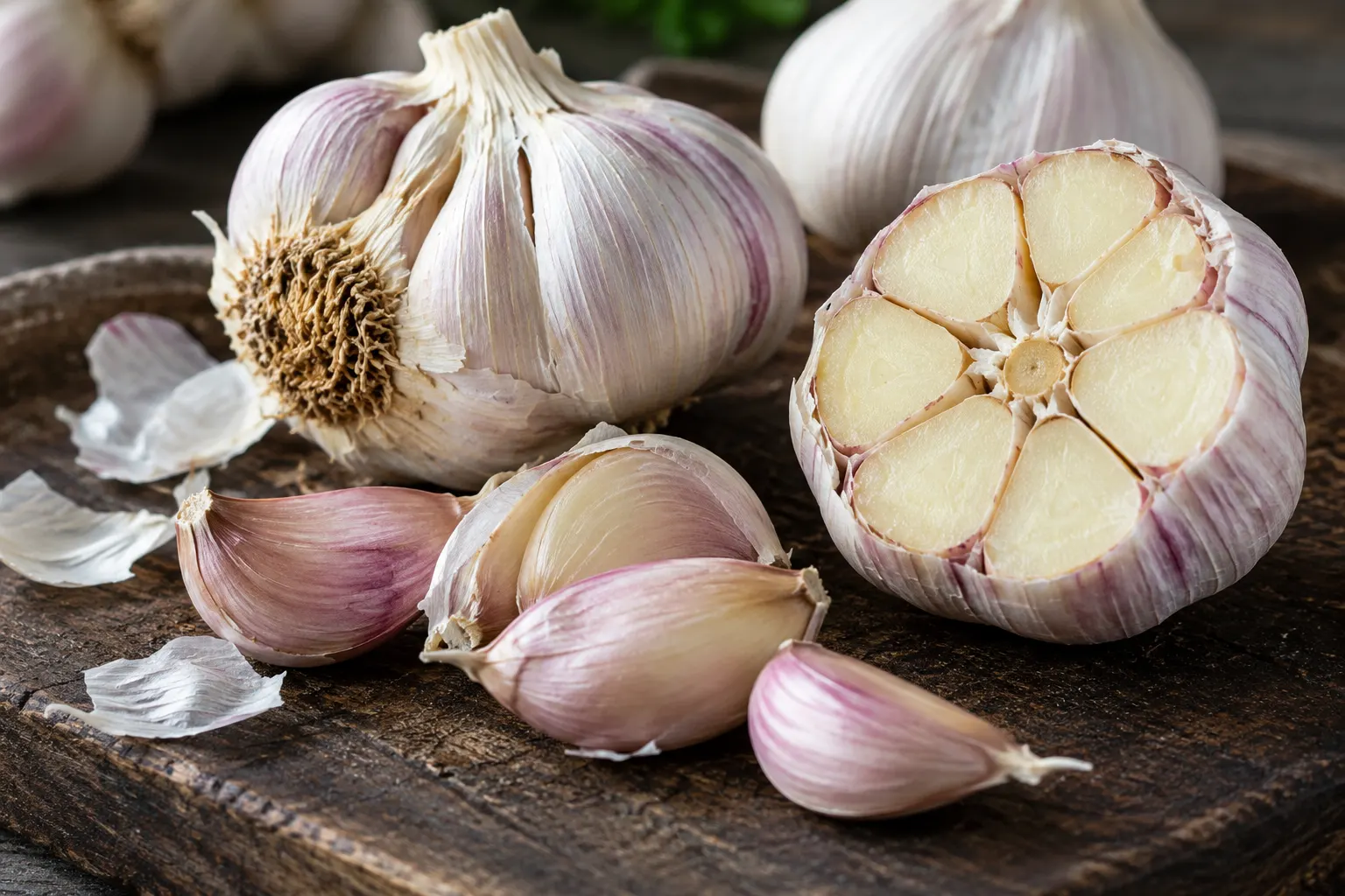 AI-generated close-up of raw garlic bulbs and cloves.