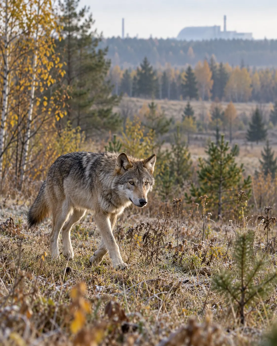 Титульна AI-згенерована ілюстрація / AI-generated cover illustration. Gray wolf crossing an eastern European forest edge; distant industrial structure is only a broad visual reference to the study region.