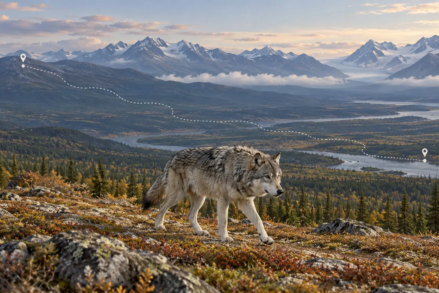 AI-generated conceptual scene of a lone wolf with a faint dotted trail and two far-apart location markers.