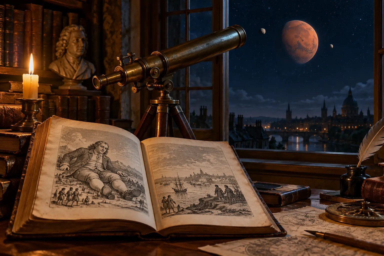 Титульна AI-згенерована ілюстрація / AI-generated cover illustration. An eighteenth-century book and telescope frame Mars and its two moons, evoking Swift’s fictional description.
