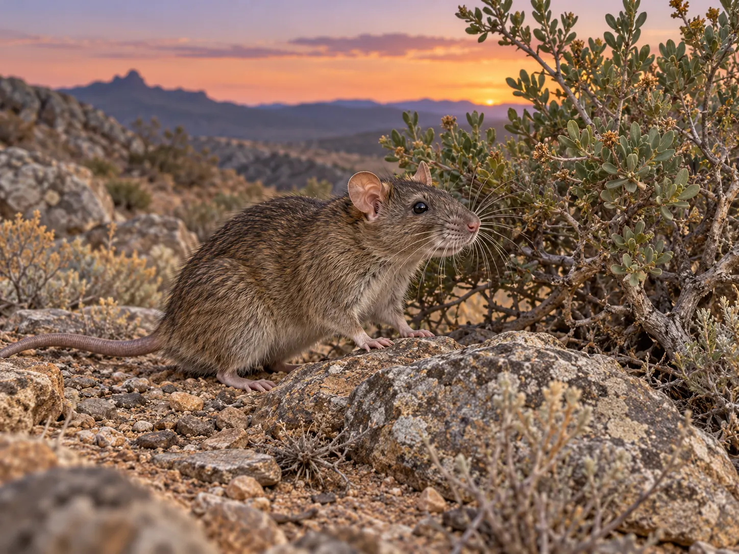 original AI-generated editorial illustration of a brown rat in semi-arid habitat. Generated for this package on 2026-10-13. No external author, URL, or third-party license applies; the project may reuse it. It is illustrative and not a laboratory image. Both language versions disclose AI creation.