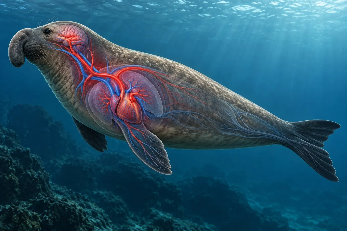 AI-generated conceptual anatomical scene showing oxygen delivery emphasized for the brain and heart during a dive.