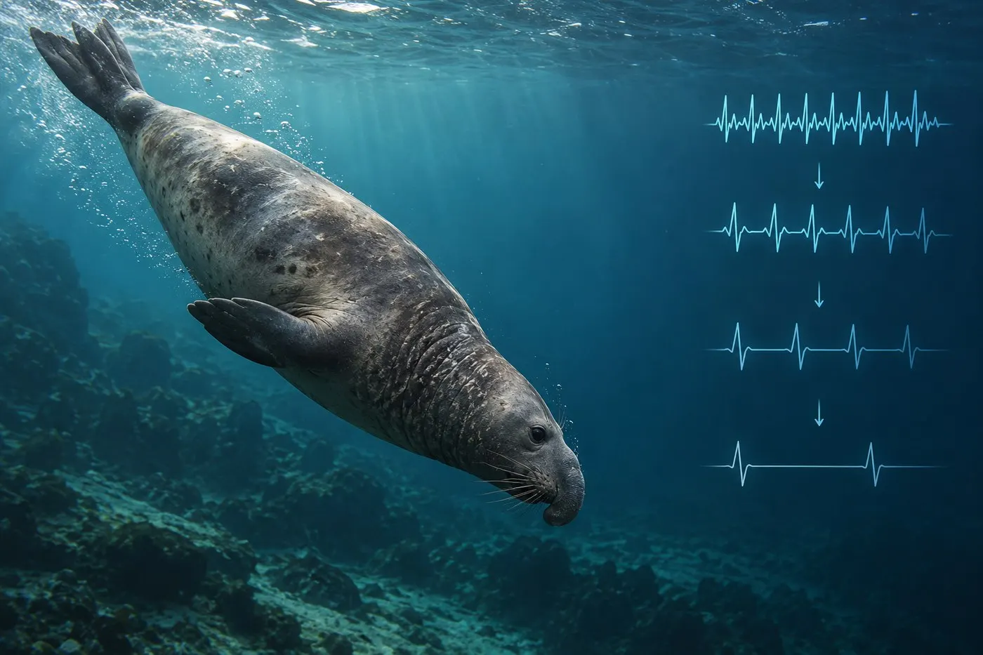 AI-generated scene showing a diving elephant seal beside an unlabeled heartbeat illustration that slows during the dive.