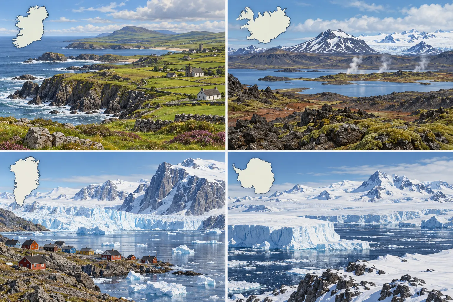 original AI-generated editorial illustration showing Ireland, Iceland, Greenland, and Antarctica as separate landscapes. It is illustrative, not a photograph, map, or documentary evidence. Generated for this package on 2026-10-13; no external creator or reuse license applies. Do not attribute it to a real photographer. The post discloses AI generation.