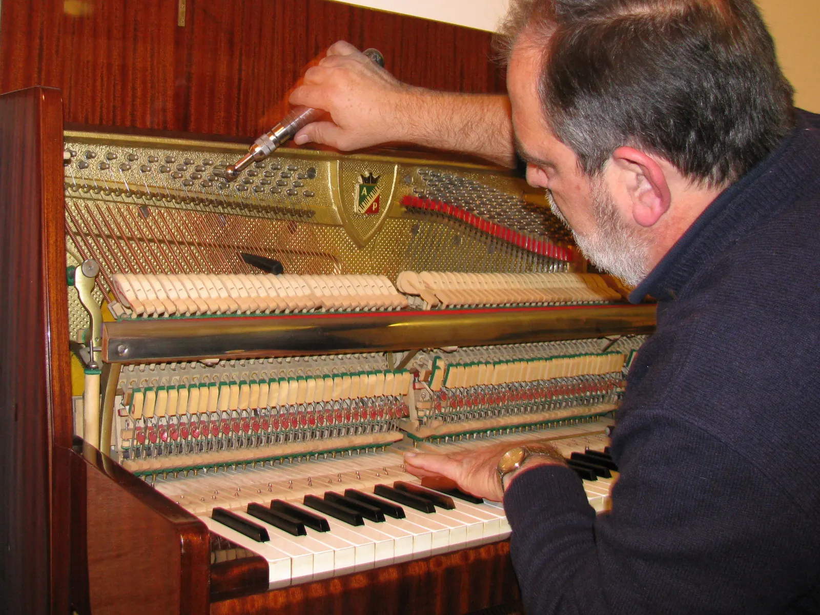 technician adjusting the tuning pins and strings of an upright piano. Goran Andjelic, 2008. Wikimedia Commons file page: https://commons.wikimedia.org/wiki/File:Piano_tuning.jpg. CC BY-SA 4.0 (also older listed variants); attribution: “Goran Andjelic / Wikimedia Commons”; link the license; no edits.