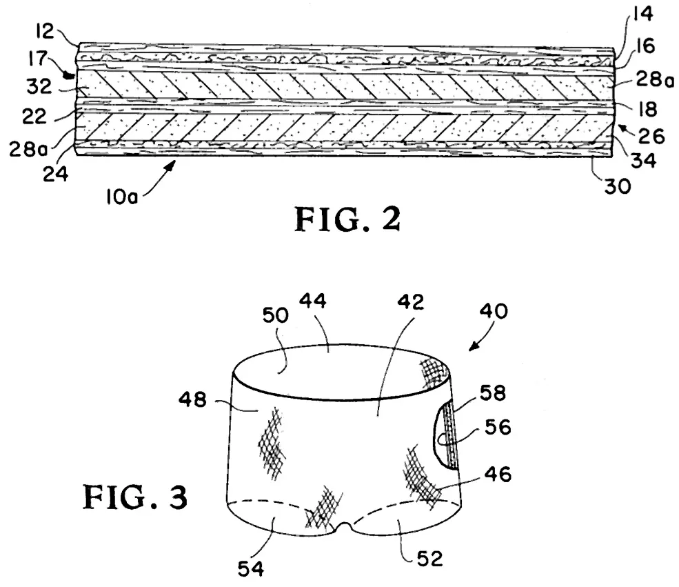 NASA patent drawings showing material layers and a garment form for the MAG. Source: NASA Spinoff, https://spinoff.nasa.gov/sites/default/files/2023-08/Cleanwaste.Patent.jpg. NASA credit; public-domain US federal government work.
