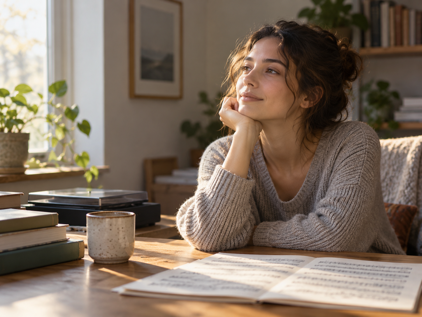AI-generated editorial illustration of a person quietly imagining a familiar song beside a music player and sheet music.