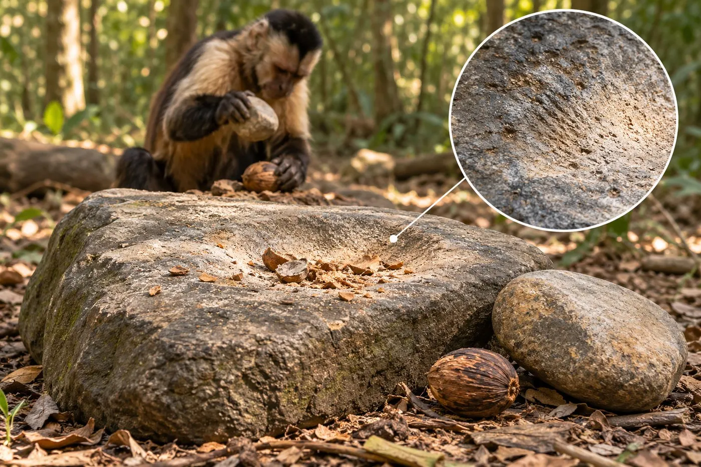 AI-generated explanatory scene showing a stone anvil with a worn depression and a separate hammerstone, with a capuchin in the background.