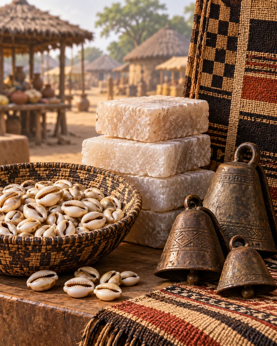 AI-generated symbolic display of cowrie shells, salt and bells as exchange and status objects. It does not claim these served the same role everywhere. Generated with OpenAI image generation; no external source or reuse license applies.