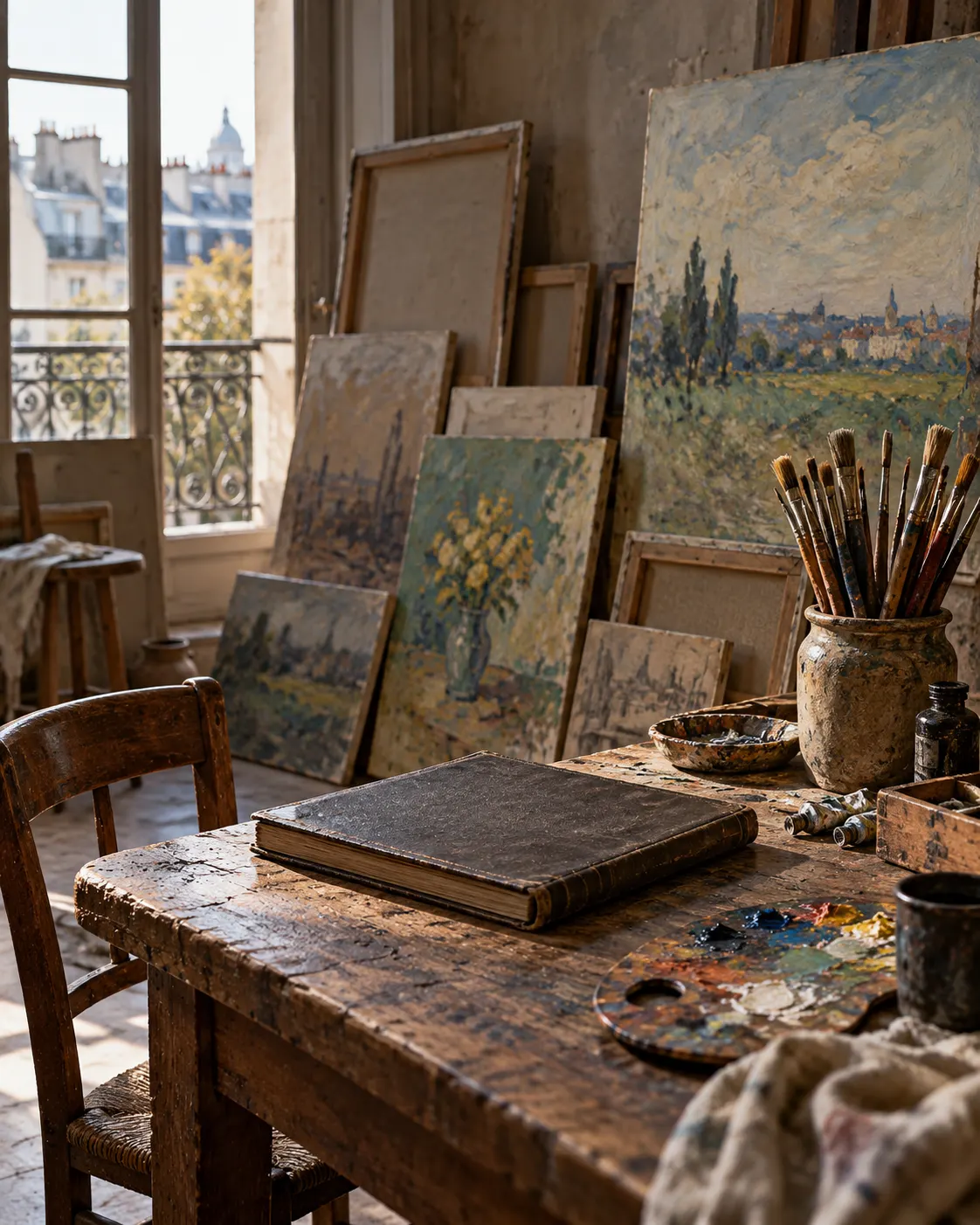 symbolic late-19th-century artist studio with canvases and an unmarked ledger; not a portrait of Van Gogh or a specific studio, and it implies no exact number of sales.