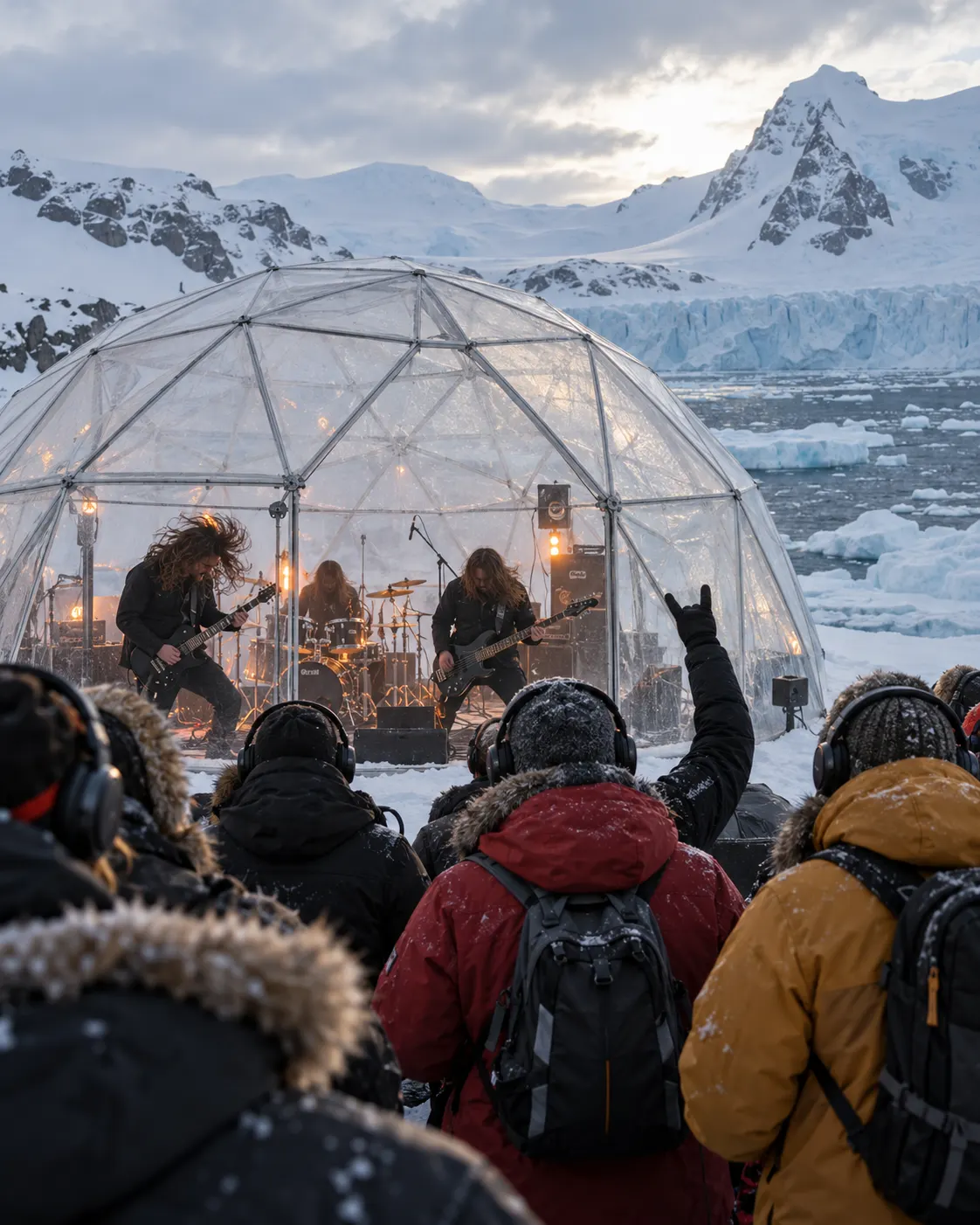 AI-generated illustrative cover, created 2026-10-25. Prompt: “Documentary editorial photo, vertical 4:5, heavy-metal concert inside a small translucent dome in an icy Antarctic landscape, listeners wearing headphones, no visible band logos or text, realistic cold natural light. Clearly illustrative, not a photo of the actual event.”