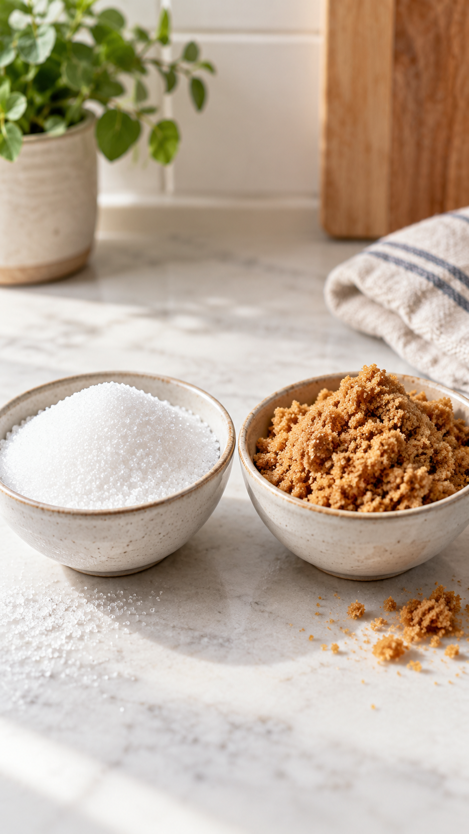 AI-generated side-by-side bowls of white and brown sugar; not a product label or nutrient analysis. Origin: OpenAI image generation, 2026-10-25.
