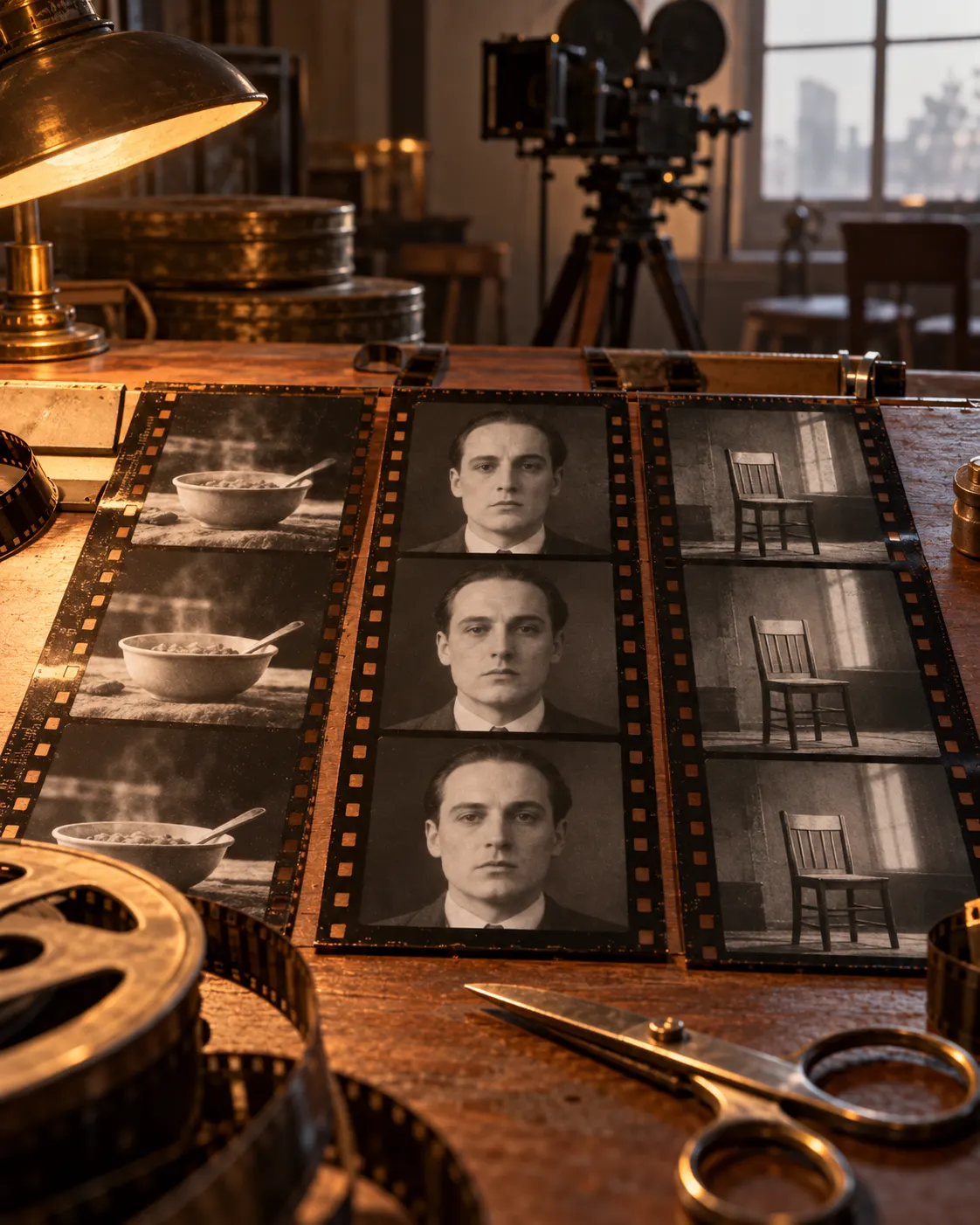 AI-generated symbolic visualization of editing context changing the interpretation of a face; it is not a reconstruction of a verified original experiment.