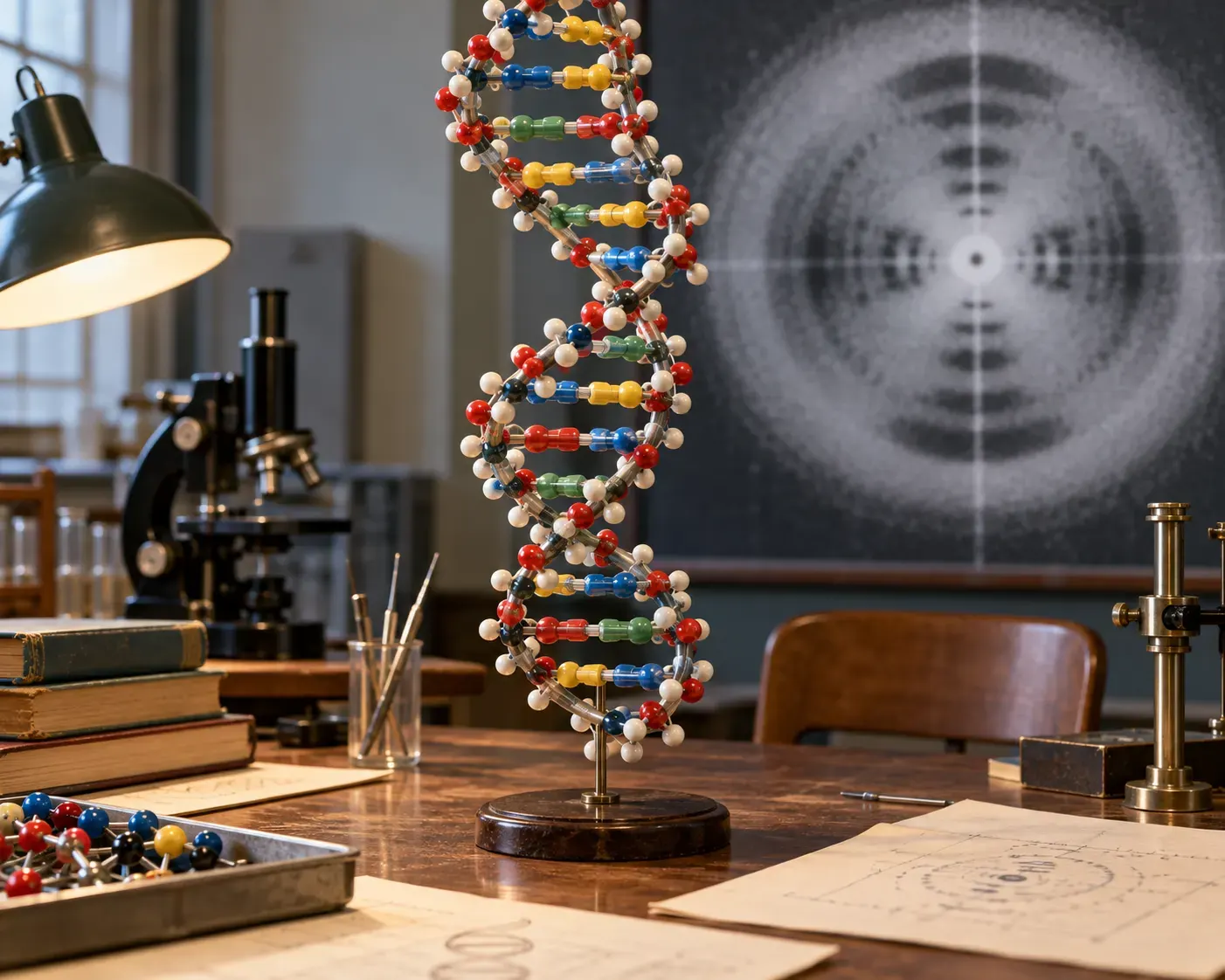 unique AI-generated scientific illustration; synthetic conceptual image, not an authentic 1953 photograph or original model.