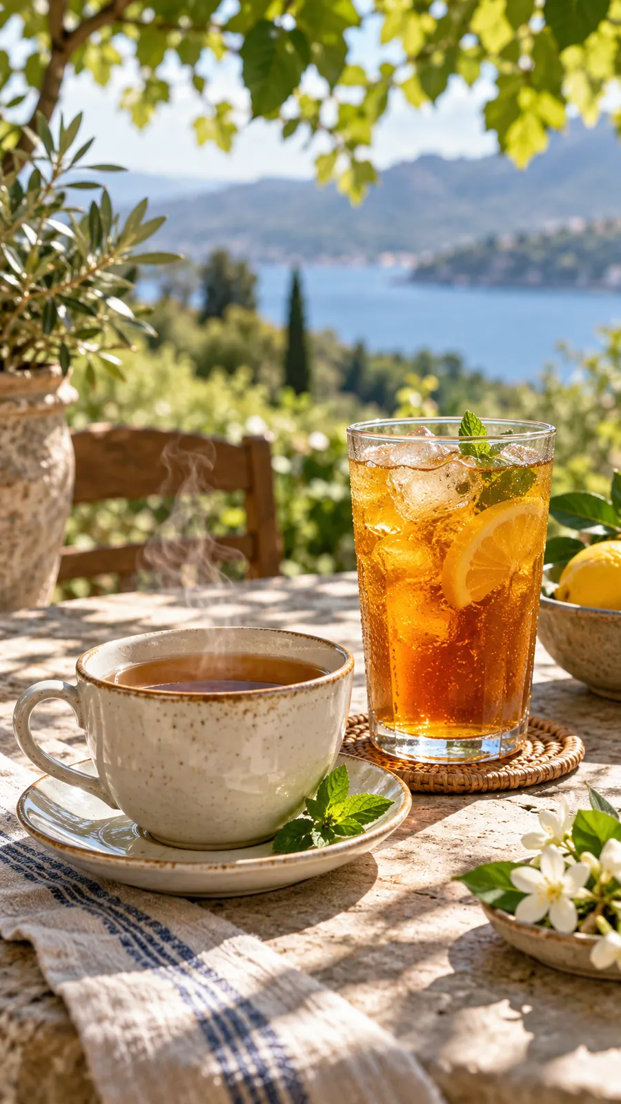 AI-generated hot and iced tea comparison, illustrative only. Origin: OpenAI image generation, 2026-10-25.