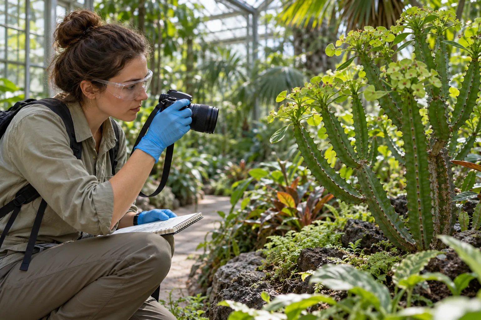 AI-generated scene of a protected botanist photographing a spurge-like plant in a greenhouse; an illustrative reconstruction, not a real person or specimen.