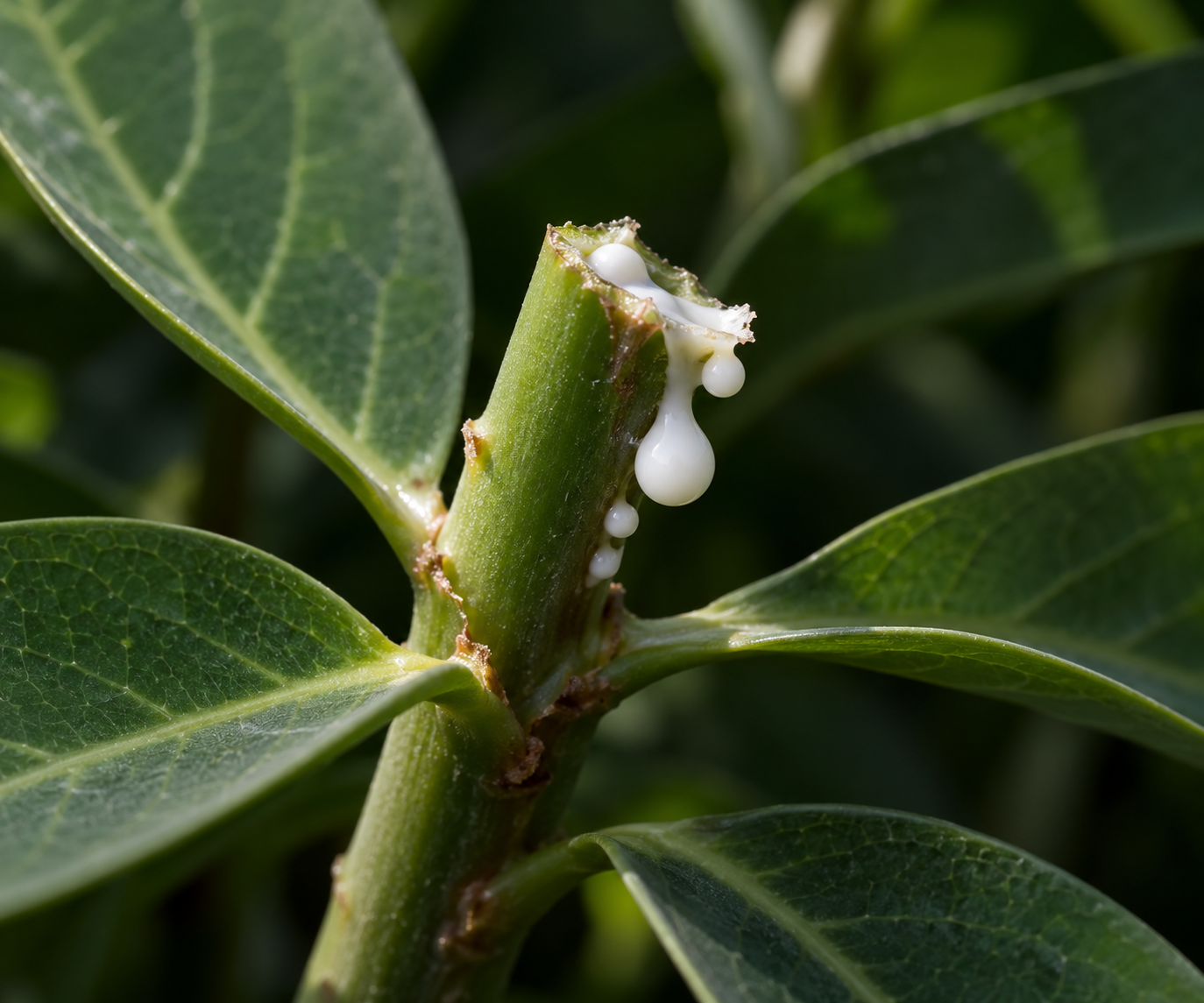 AI-generated macro view of white latex on a freshly damaged generic green stem; not an actual toxicology specimen.