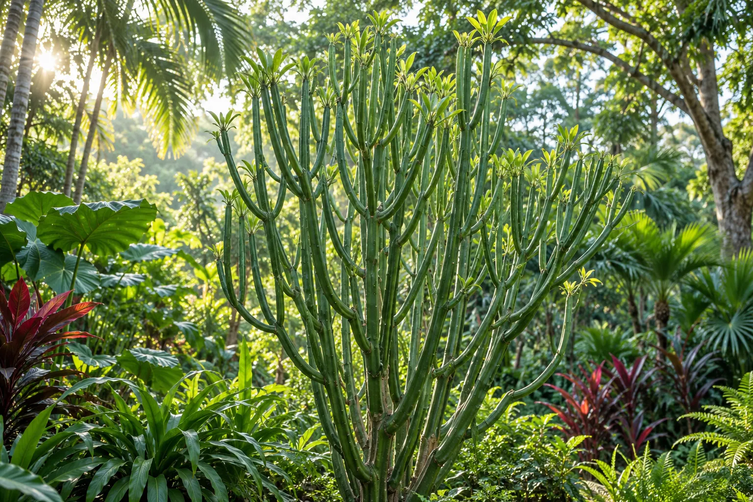 AI-generated wide view of a branching pencil-like spurge shrub in a tropical garden; generic, not a precise species identification.