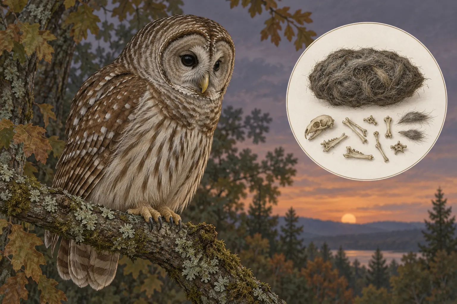 original AI-generated educational illustration of an owl and an inset pellet. Illustrative, not a photograph or a specific documented owl or meal. Generated on 2026-10-13; no external creator or reuse license applies. AI origin disclosed in the post.