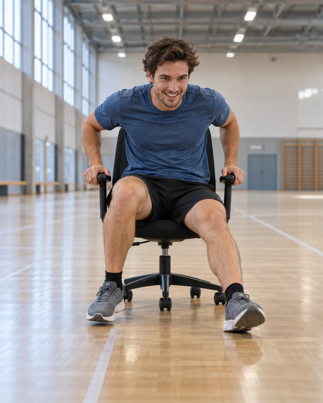 AI-generated fictional adult in a chair-scooting challenge; staged reenactment, not André Ortolf or the 2014 attempt. Prompt: “Photorealistic vertical 4:5 editorial scene of a fictional adult in casual sportswear safely scooting forward on a generic office swivel chair in a wide empty indoor gym lane, feet on floor, hands on armrests, playful timed challenge atmosphere. This is a staged generic reenactment, not André Ortolf or the 2014 attempt. No logos, text, readable clock or people nearby.” Generated 20 October 2026.