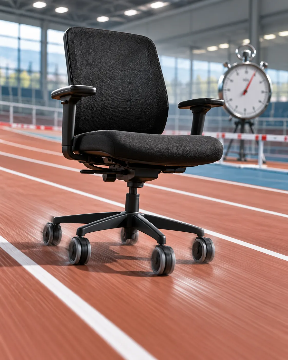 AI-generated cover: a generic six-caster swivel office chair on an indoor track; not the chair used in the record attempt. Prompt: “Photorealistic vertical 4:5 editorial cover about a 100-metre office-chair race. Show a generic empty black swivel office chair with six visible caster wheels on a clean indoor sports track, slight motion blur on the wheels, lane lines and a stopwatch in the background. The chair is illustrative, not André Ortolf's actual record chair. No logos, text, numbers or people.” Generated 20 October 2026.