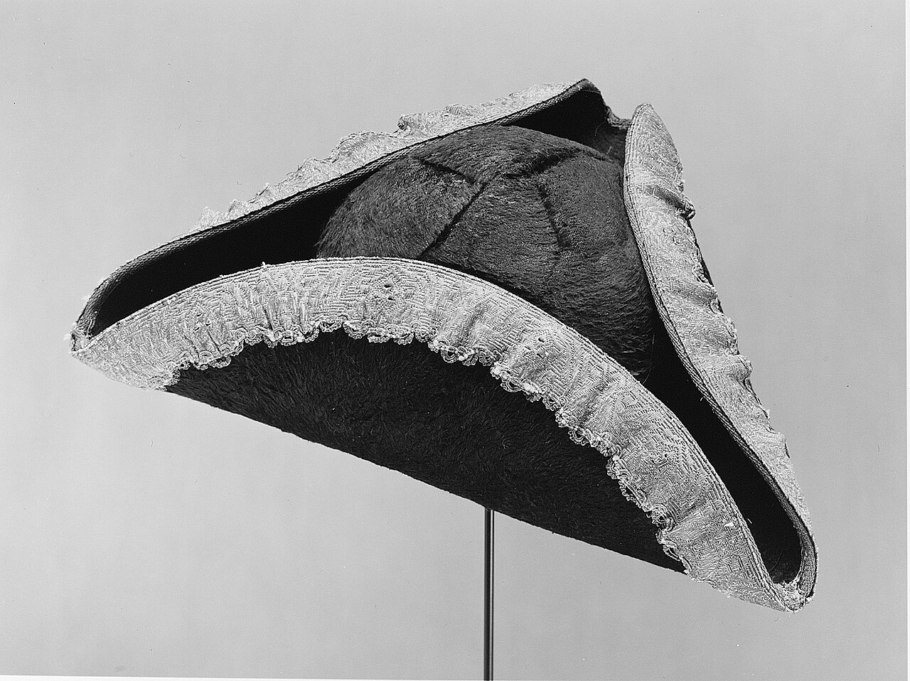 Italian; Tricorne;. Original file: [Tricorne MET 260003.jpg](https://commons.wikimedia.org/wiki/File%3ATricorne_MET_260003.jpg). Creator: Not identified on the Commons file page. License: CC0 (http://creativecommons.org/publicdomain/zero/1.0/deed.en). Attribution: Not identified on the Commons file page. Downloaded from the verified Commons file page; unaltered image. Checked 2026-10-25.