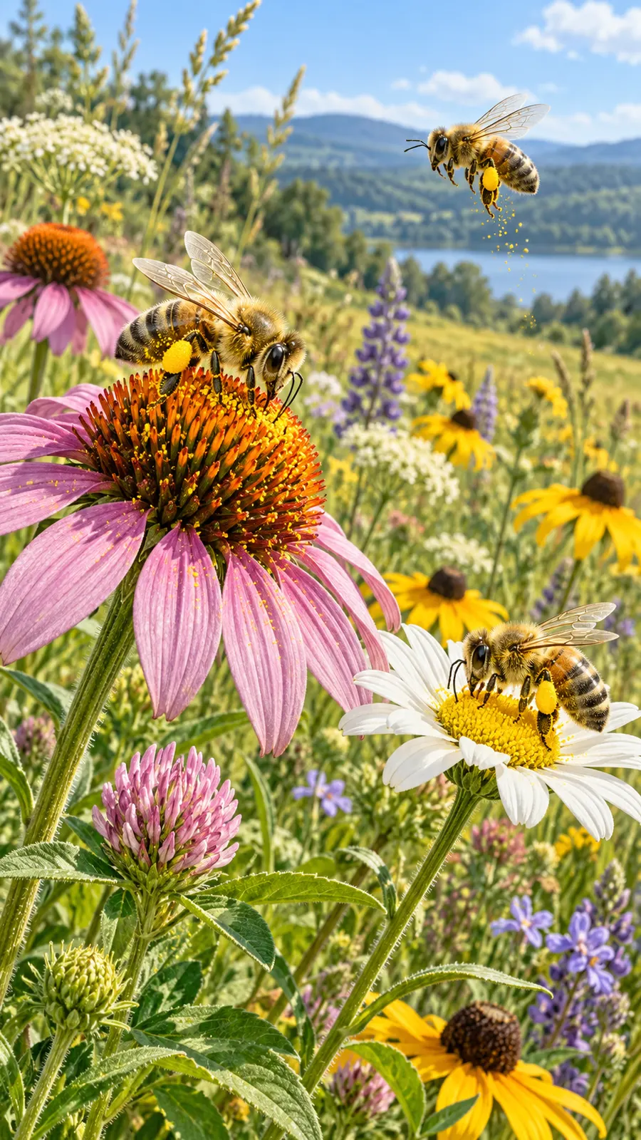 AI-generated honeybees gathering from flowers; illustrative, not a photograph. Origin: OpenAI image generation, 2026-10-25.