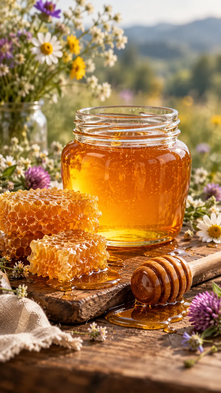 AI-generated honey jar and comb still life, illustrative. Origin: OpenAI image generation, 2026-10-25.