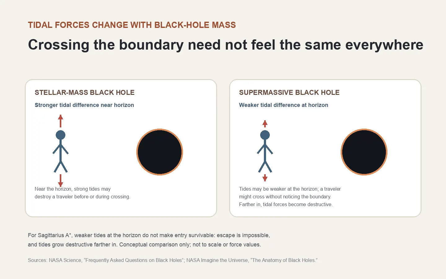Original comparison graphic made 2026-10-21 with local shapes and typography; no source imagery. It contrasts tidal differences near the horizons of stellar-mass and supermassive black holes, and notes that weaker tides at a supermassive horizon do not make entry survivable. Conceptual only; not to scale and no force values are shown. Sources: NASA Science, [“Frequently Asked Questions on Black Holes”](https://science.nasa.gov/apod/frequently-asked-questions-faqs-on-black-holes/); NASA Imagine the Universe, [“The Anatomy of Black Holes”](https://imagine.gsfc.nasa.gov/educators/blackholes/imagine/page8.html).