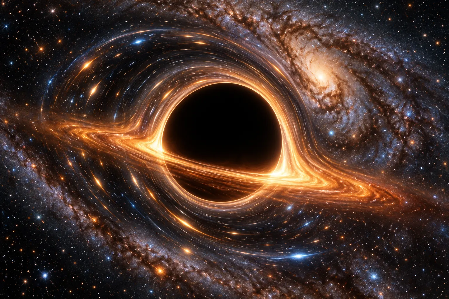 **AI-generated cover**. Realistic conceptual rendering of a black hole with a dark event-horizon silhouette and curved light paths. It is not an image of Sagittarius A* or a scientific observation. The exact prompt and generation date were not preserved in the existing package record; no source image assets were documented.