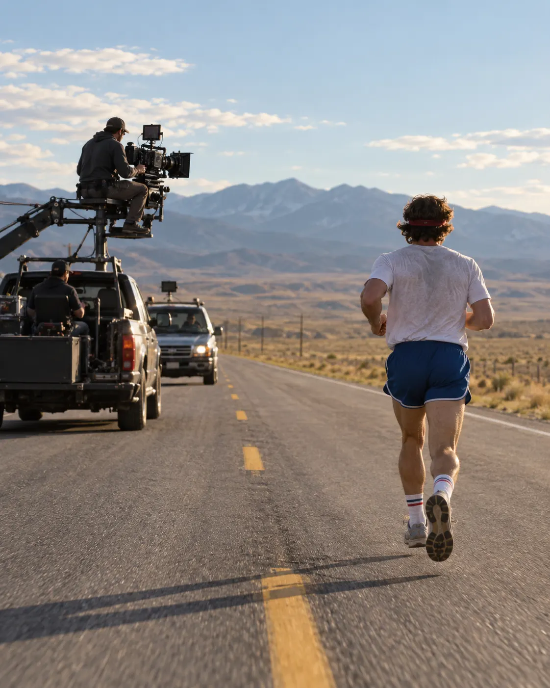 AI-generated symbolic road-running film set; the runner is anonymous and this is not a frame from Forrest Gump.