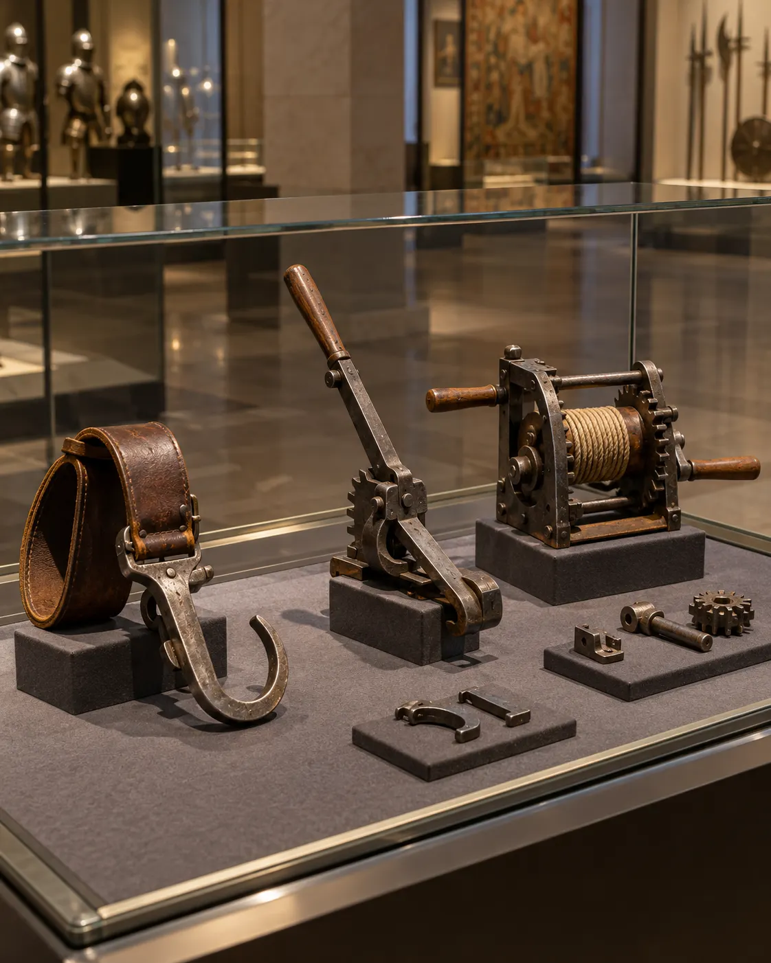 AI-generated with OpenAI image generation. Prompt: “Distinct photorealistic editorial museum collection scene showing a range of historical crossbow spanning devices arranged beneath a glass display: belt hook, compact lever, and windlass components as inert artifacts, no operational setup, no bolts, no people, no text or logos. Quiet gallery lighting, portrait 4:5.”