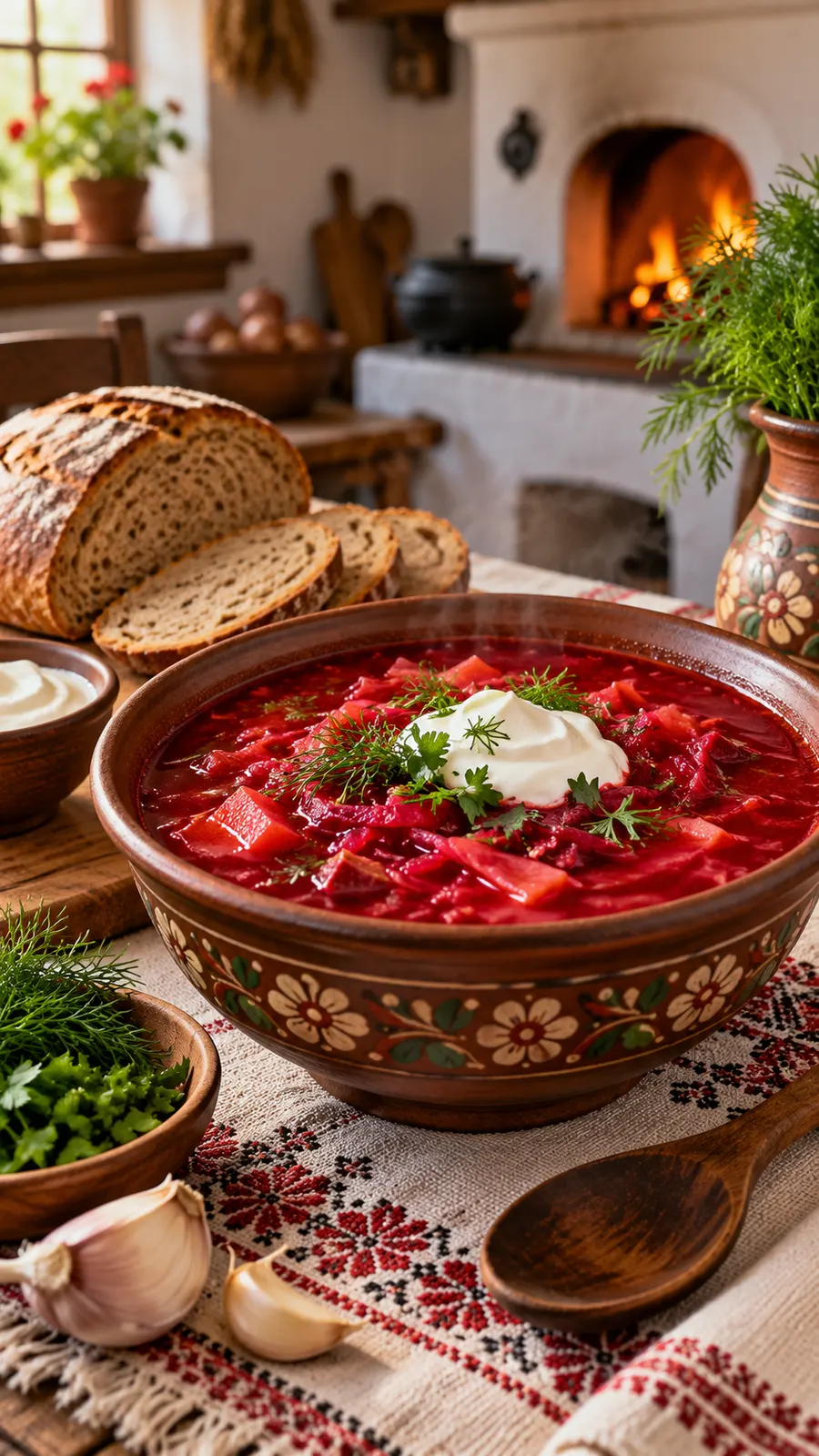 AI-generated bowl of Ukrainian beet borshch, illustrative food scene. Origin: OpenAI image generation, 2026-10-25.