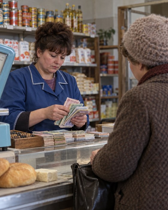 A cashier counts generic coupon notes at an early-1990s grocery counter.
