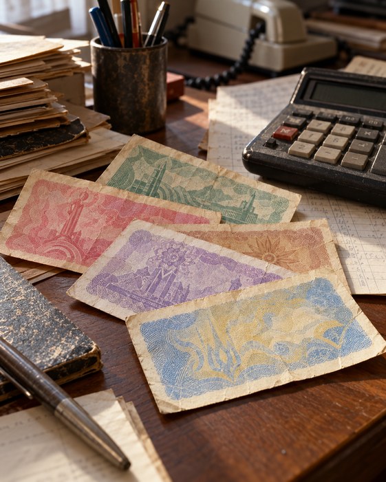 Worn generic paper coupons on an early-1990s desk; not a reproduction of Ukrainian currency.