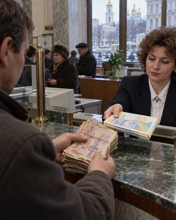 A customer exchanges worn generic coupons for clean fictional notes at a reconstructed 1996 bank counter.