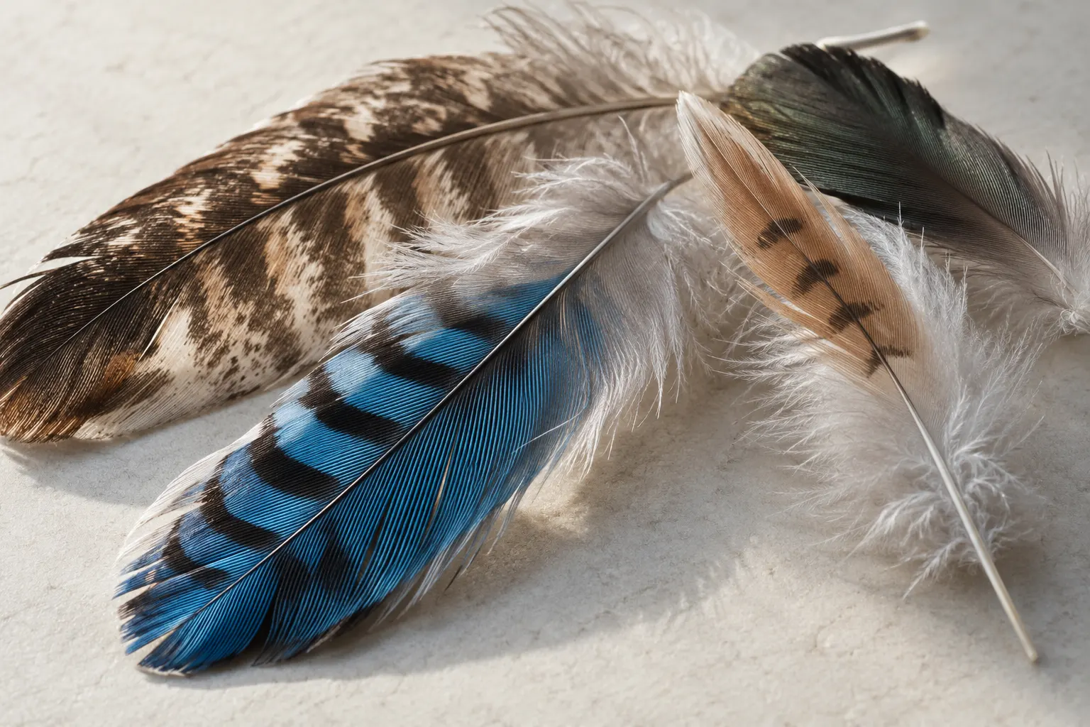 AI-generated macro arrangement of feathers. OpenAI image generation, 2026-10-28. Prompt: Photorealistic macro editorial nature photograph of several distinct bird feathers arranged naturally on a pale neutral surface, fine barbs and shafts visible, soft sidelight reveals delicate structure, no bird, no text, labels, logos, watermark, or collage. Illustrative only; not measured samples.