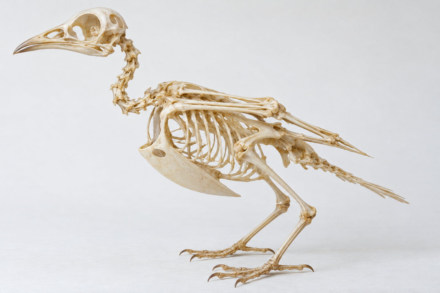AI-generated generic avian skeleton. OpenAI image generation, 2026-10-28. Prompt: Photorealistic museum-style educational illustration of a small bird skeleton displayed in side profile on a neutral light background, accurate lightweight avian bones, clear hollow-looking bones and keel, no feathers, no labels, no text, no logo, no watermark, no collage; generic bird skeleton, not a species-specific specimen. Not a real specimen.