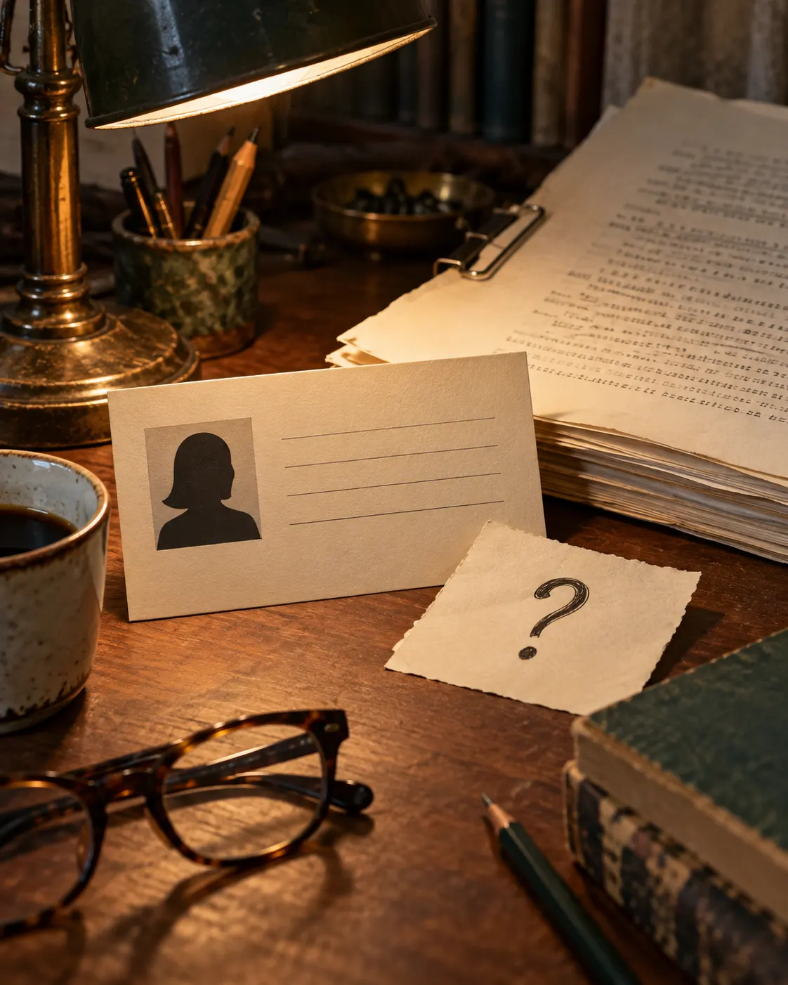 AI-generated blank author-biography card beside a manuscript and question-mark note, evoking Le Guin’s joke about the byline.