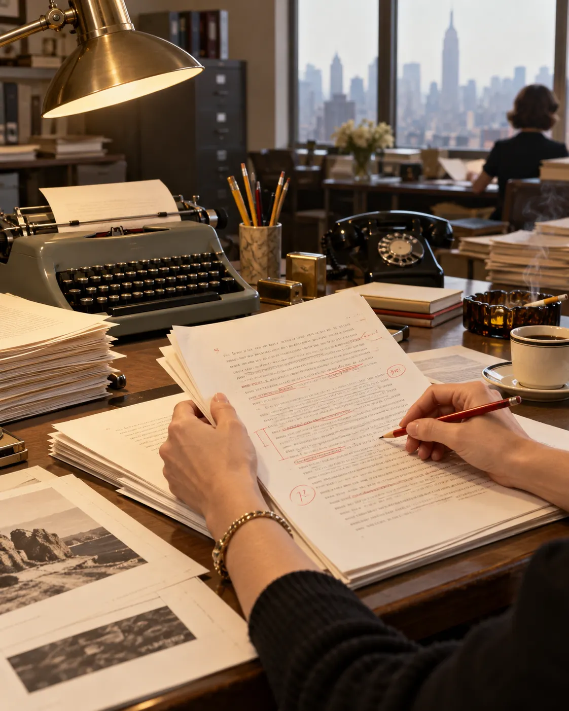 AI-generated editorial desk scene with anonymous hands reviewing a short-story manuscript, evoking magazine publication.