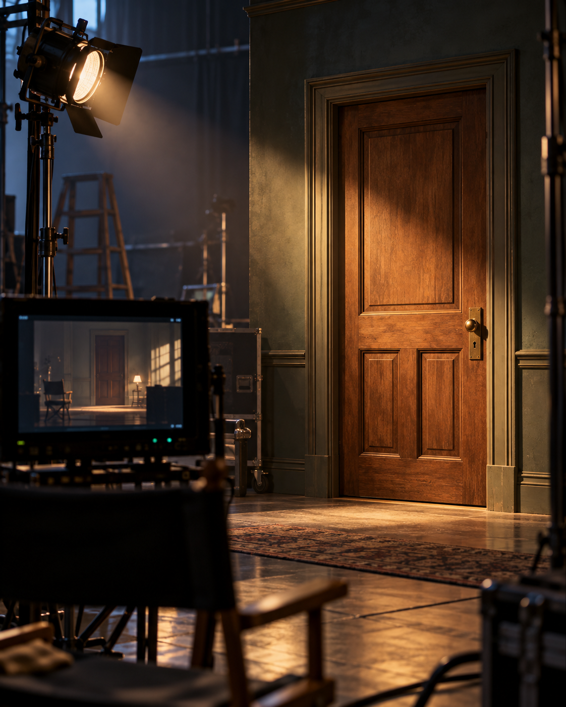 AI-generated with OpenAI image generation. Prompt: “Photorealistic editorial cover for a film myth article about doors and locks. A quiet movie soundstage with a closed wooden door, a cinematic spotlight, and a director's monitor showing a generic scene silhouette, no weapons, no damage, no people, no readable text or logos. Evocative but nonviolent, documentary behind-the-scenes style, portrait 4:5.”