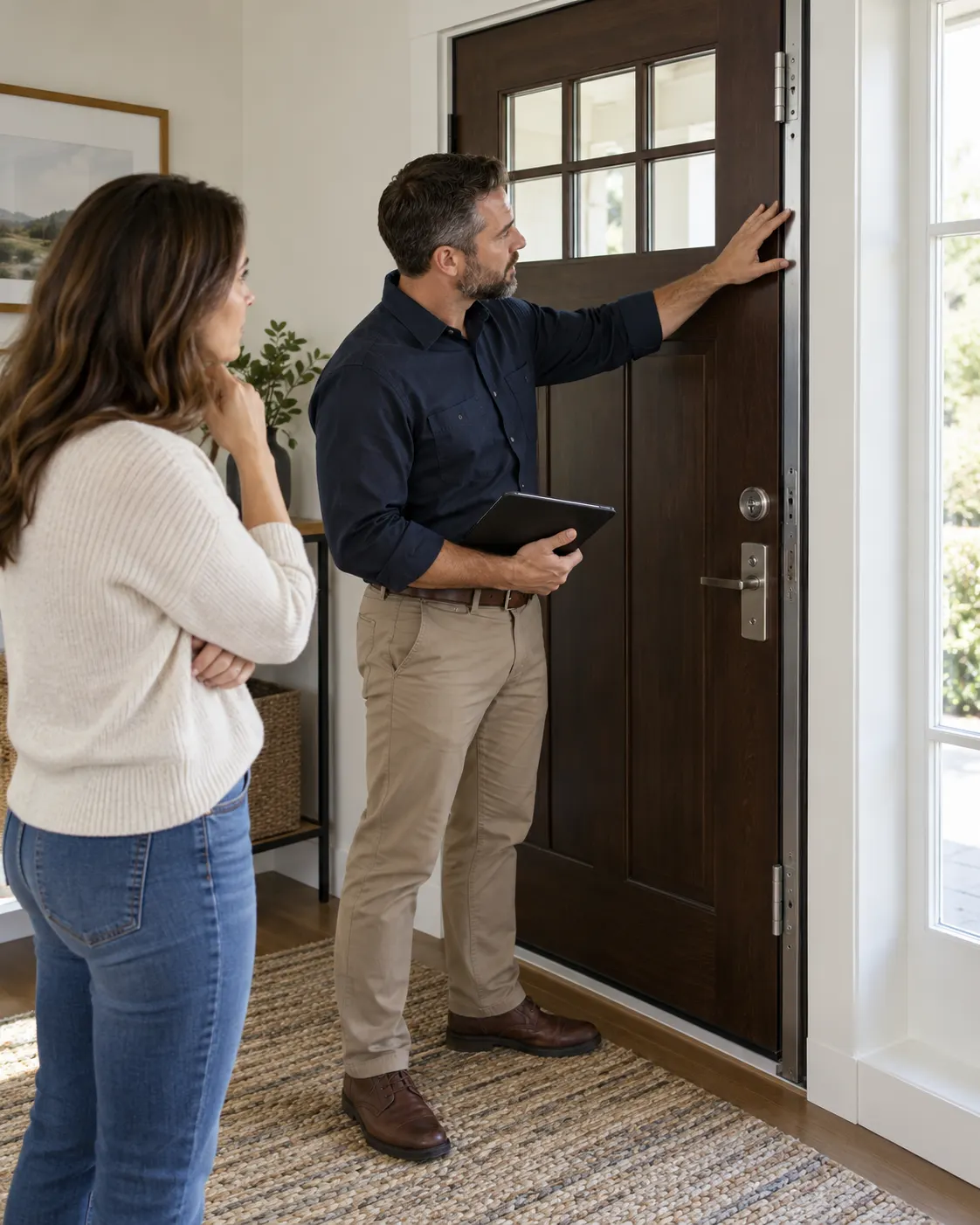 AI-generated with OpenAI image generation. Prompt: “Distinct photorealistic editorial illustration for a home security article. A sturdy closed front door with a deadbolt and reinforced frame in a calm modern home hallway; a safety professional in plain clothes reviews the door construction with a homeowner from a respectful distance, no weapons, no damage, no logos, no readable text. Natural daylight, documentary style, portrait 4:5.”