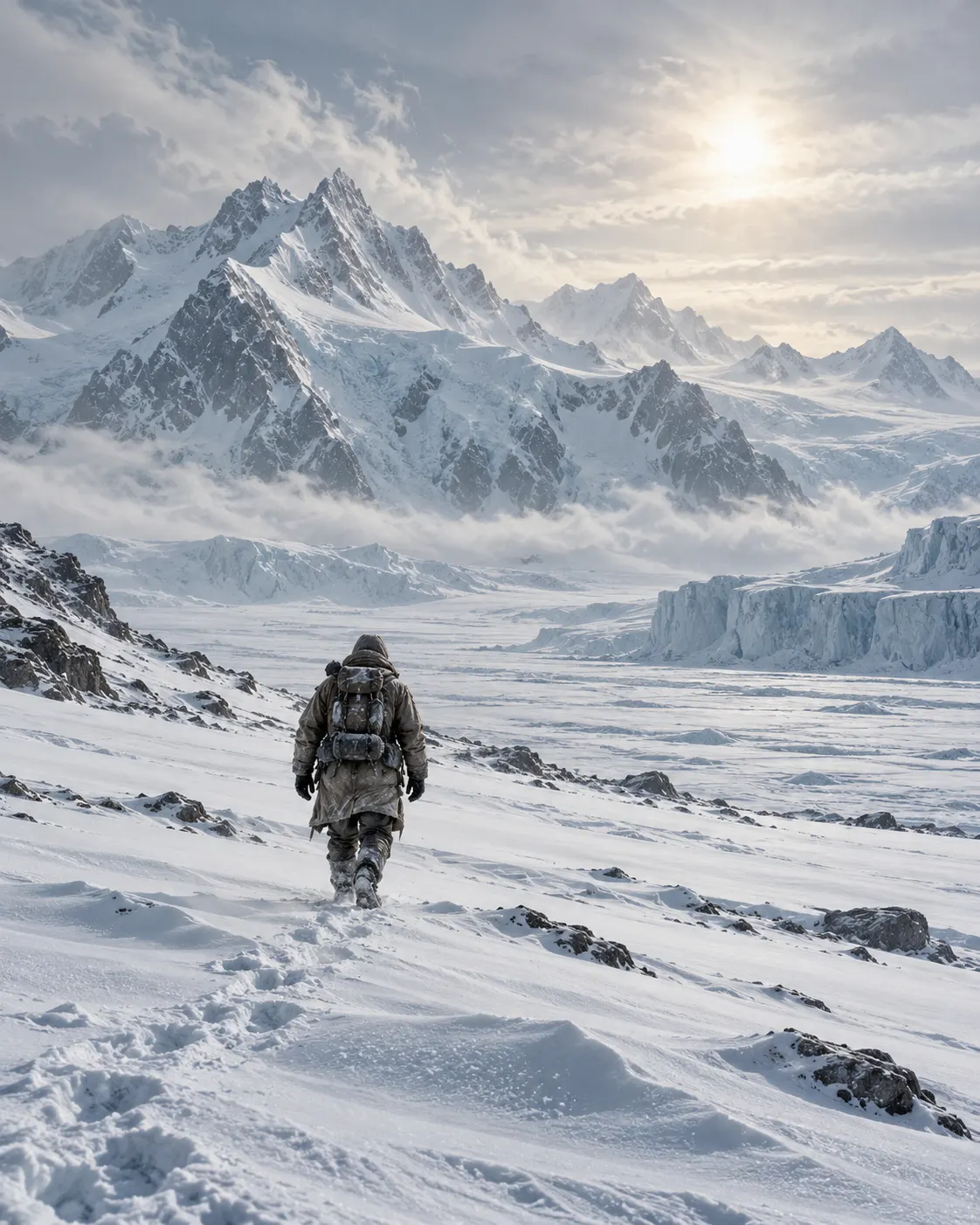 AI-generated imagined snowy expedition landscape evoking the novel’s setting; it is not a published illustration or adaptation still.