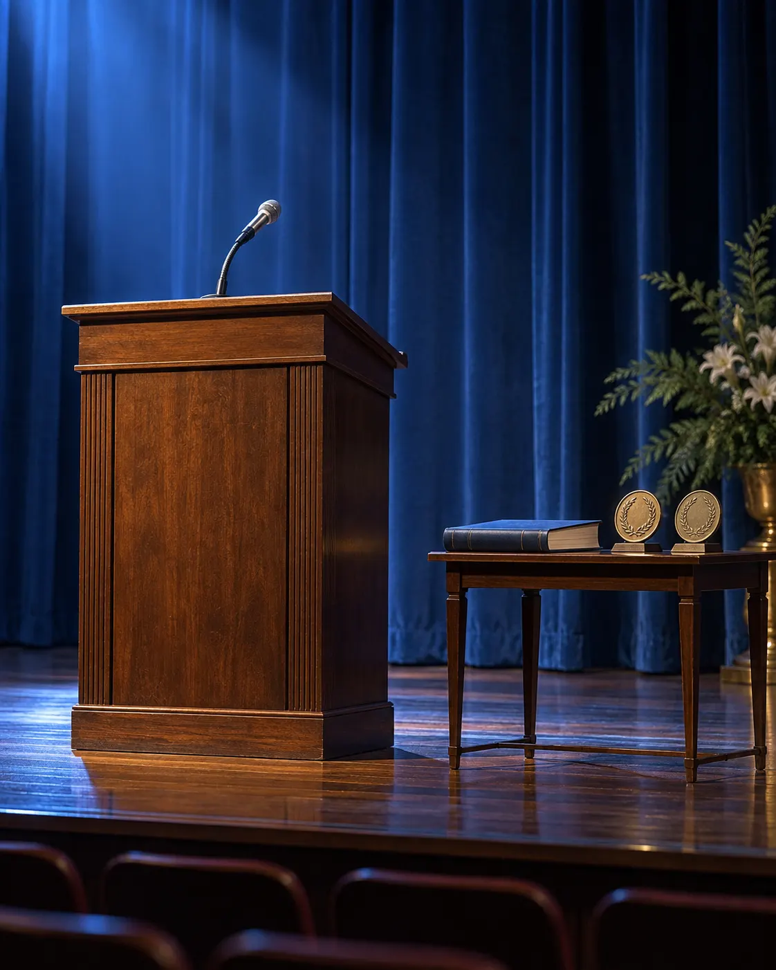 AI-generated generic literary awards ceremony setting, with an empty lectern and two unmarked medallions.